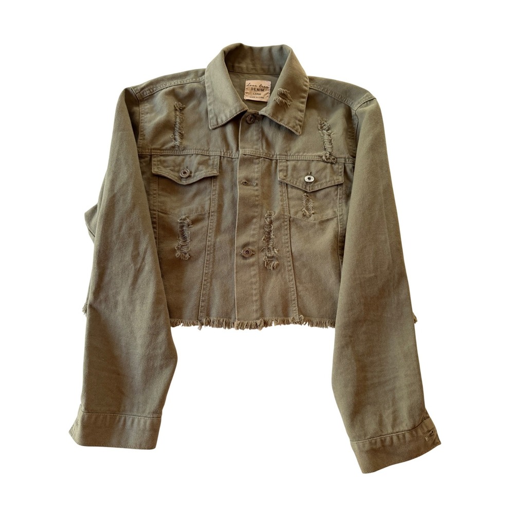Love Tree Denim Cropped Jacket Large Olive Green Distressed Raw Hem 8682JS